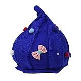 【ノーブランド品】ベビーキッズ とんがりニット帽 リボン・ボンボン・樹脂パールの飾り付き 45-52cm 女の子 ブルー