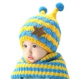 baby-mine（ベイビーマイン) ベビー&キッズ ニット帽 スヌード あったか2点セット ハチさん&ポンポン なりきりセット お誕生日プレゼント 御出産祝い (イエロー×スカイブルー)