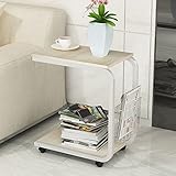 Soges サイドテーブル ノートパソコンスタンド ベッドサイドテーブル 可移動デスク キャスター付きデスク ナチュラルメイプル収納棚 付き ナイトテーブル ホワイト