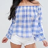 Gaosa 春夏秋 レディース ファション　オフショルダートップス　肩出し　セクシー チェック柄 　七分袖　ブラウス　シャツ 　ギフト 登校 通勤にも 　 (L)