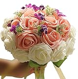 オープンローズ造花のウェディングブーケの花嫁ブライダルブーケピンク＆ホワイト
