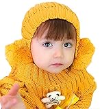 World Mall JP ダブル ボンボン 付き ニット帽   （ベビー 手袋付き、 黄色 合計2点の セット商品） キッズ用 耳あて とんがり 6か月～3才