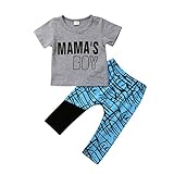 Tシャツ ズボン 男の子 ラウンドネック 半袖Tシャツトップ 英字パターン ラインプリント 2色の両面 ズボン 子供服 夏 秋 80 90 100 120（12-24ヶ月2-5歳） (18-24ヶ月,
