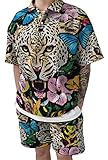 [Amade] メンズ セットアップ 総柄 プリント 半袖ポロ＆ショーツ 上下セット 豹柄 花柄 個性 インパクト ストリート-JP303-58-M