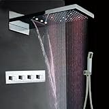 Fuloon 9 x 21.8 "ステンレススチールサテン壁マウントシャワー洗面バス降雨シャワーヘッドキット60万回耐久性セラミックバルブ3 LEDs 1セット(キットB )