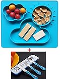 シリコン食器プレースマットとトレイ赤ちゃんのための、強力な吸引、非毒性の食品グレードシリコーン、フタル酸フリー,金属食器セット(ブルー)