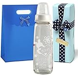 TEATSIGHT お名前入り哺乳びん 名入れ彫刻 フラワーラビット 240ml ガラス製 (ブルーラッピング)