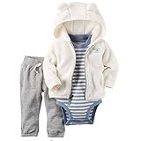 カーターズ ロンパース carter's 男の子用白モコモコ3D耳フード付きHandsomeジャケットxブルーグレーサーマルボーダーボディスーツお出かけ用上下3点セット (12months(72-78