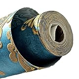 3D壁紙,YIFAN 10M 不織布 レトロ ヨーロッパスタイル 通気性 無臭 耐摩耗性 安全安心 ウォールペーパー エンボスステッカー デカール壁紙ロール - ブルー