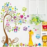 toonolフォレストOwlsキリンスクロールフラワーツリー壁ステッカービニールデカール子供ベビールーム、60 x 90 cm