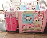BrandreamピンクフクロウCrib Set withバンパーキュートバタフライNursery寝具セットベビー寝具for Girl花柄ベビーベッド寝具セット、7pcs