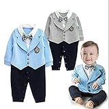 ツバメ--屋　ベビー服 スーツ風 ロンパース 赤ちゃん カバーオール 新生児 長袖 春秋着 子供服 蝶ネクタイ キッズ フォーマル 男の子 出産祝い 写真撮影 (80, ブル-)