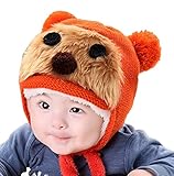 (ビグッド)Bigood 可愛い 秋冬 ニット帽 キッズ 女の子 帽子 赤ちゃん ベビー 帽子 ボンボン付き トナカイ 子供用 男の子 防寒 耳あて アウター クマ柄 オレンジ