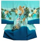 お宮参り　着物　男の子　正絹初着　濃淡水色青染め分け　総刺繍鯉　金彩　手描き　変わり無地精華生地　日本製