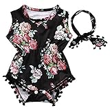 ベビー服　2点　セット　カバーオール　ヘッドバンド　花柄　袖なし　夏　可愛い　女の子　コットン　0-2歳 (80)