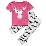 CANIS　子供　ベビー　女の子　鹿の頭　プリント　半袖　上着　小鹿パンツ　カバーオール　上下2点セット　ピンク　ホワイト　夏　 (90ｃｍ)
