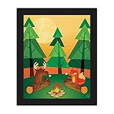キャンプファイヤー: Happy Moose &フォックスToasting Marshmellows in the Forest Woods Graphic For Childsキッズ子供部屋壁アート