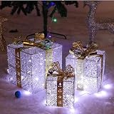 クリスマスギフトボックスライト3個セットクリスマスオーナメント雰囲気満載 オーナメント クリスマスプレゼントLEDライトアップクリスマスツリー/庭/自宅用 (ぎんきん, 三つ入り)