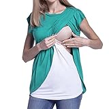 授乳Tシャツ Hosam マタニティウェア Tシャツ 授乳服 半袖 夏用 おしゃれ 無地 授乳 産前 産後 妊婦 (M, グリーン)