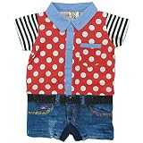 【H27年夏物】 SHORH KID'S(ショーキッズ) ベビー男児天竺+ミニ裏毛ドット柄ロンパス 80cm/レッド NO.SD-73052