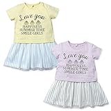 (イエロー/90cm)ベビー服 女の子 ドッキング ワンピース 半袖 重ね着風 Tシャツ チュール ストライプスカート ロゴプリント 女児 ベビー