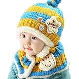 HBF ニット帽 マフラー セット ベビー キッズ 子供 赤ちゃん 用 防寒 かわいい ニット 帽子 キャップ ハット 誕生日 出産祝い ブルー＋黄