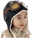 Plus Nao(プラスナオ) 子供用 フライトキャップ パイロットキャップ フライヤーズハット 耳あて＆ゴーグル付き 裏ボア 帽子 かわいい あっ - ブラック