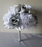 シルバーホワイトラインストーンローズブライダルウェディングブーケ&ブートニア 12" Bouquet シルバー