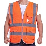 Reflective Vest High Visibility Safety Vest with Reflective Strips Neon Orange Zipper Front - Meets 