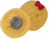 【ノーブランド品】　ボンボン付きリボンニットベレー帽　48-56cm Yellow（イエロー）