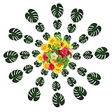 baotongle 48個Large人工Tropical Palm Leaves with 48 Pcs人工ローズフラワー葉、トロピカルハワイアンルアウパーティージャングルビーチテーマ装飾のテーブルデ