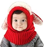 子供用 もふもふ ひつじ ニット帽 ネックウォーマー 防寒 アニマルフード 男の子 女の子 兼用 (レッド)