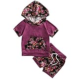 可愛い 子供服 半袖 花柄 カジュアルウェア 帽子付き パーカー & 花柄 ショートパンツ 上下2点セット (6-12ヶ月, パープル)