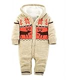 可愛い ロンパース ベビー服 裏ボア ニットカバーオール ボタン開き トナカイ柄 暖かい 新生児 出産お祝い プレゼント (ベージュ, L)