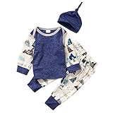 新生児　Tシャツ＆パンツ　上下二点セット　山脈の柄　プリント　長袖　シャツ　ロングパンツ　ゴム　ウエスト　スーツ　カジュアル　普段着　ベビー服　帽子付き (100(12－18T), 紺色)