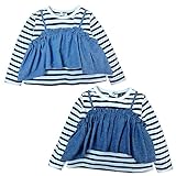 (サックス/90cm)ベビー服 女の子 Tシャツ 長袖 Dolly Ribbon ドーリーリボン 重ね着風 キャミソール ダンガリー ボーダー柄 女児 ベビー