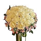結婚式の写真のブーケウェディングブライダルブーケ造花、ホワイトローズ 結婚式の花嫁のブーケ 人工花束