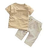 【SEBLES】ベビー 赤ちゃん 男の子 半袖 ラウンドネック プリント 無地 ポケット Tシャツ チェック ズボン ボトムス パンツ セット ツーピース コットン 綿(タイプB,80cm)