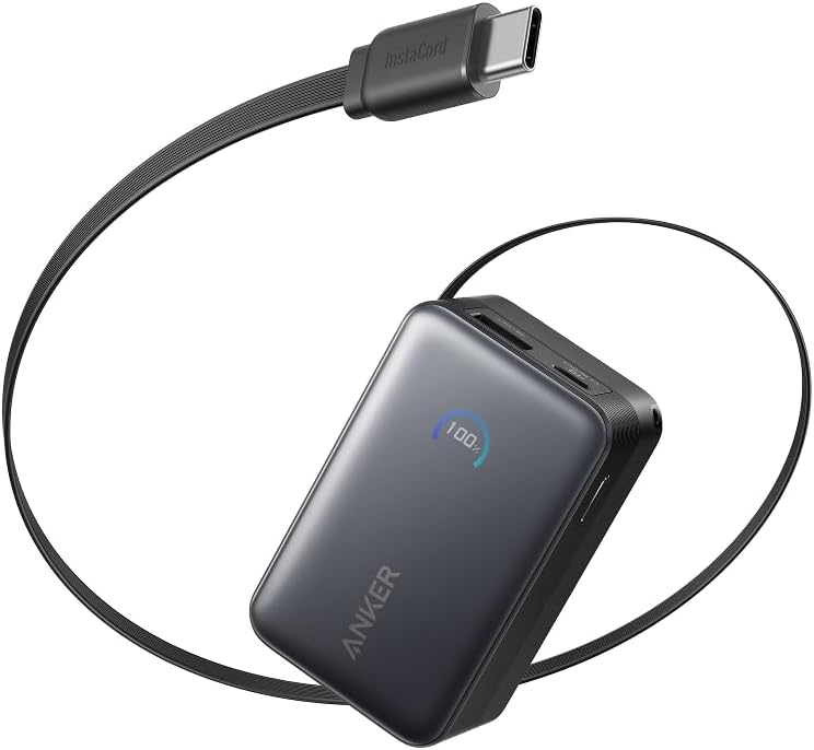 Anker Nano Power Bank (10000mAh, 45W, 巻取り式 USB-Cケーブル) 10000mAh 45W出力 / LEDディスプレイ搭載/USB-Cケーブル一体型/巻取り式ケーブル/iPhone 17 / 16 / 15シリーズ / iPhone Air/Android iPad その他各種機器対応 (ブラック)