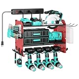 CFMASTER 3層 高耐久 電動工具オーガナイザー 壁取り付け 充電ステーション付き 調節可能な金属製収納ラック 6つのコンセント電源タップ ドリルホルダー フック&ドリルビットラック ガレージ/ワークショップ用 レッド