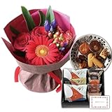 花とスイーツ ギフトセット かわいいレッド バラ ミックス花束　と　ホテルオークラ　焼き菓子セレクト 写真入り・名入れメッセージカード