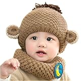 baby-mine（ベイビーマイン) ベビー&キッズ ニット帽 スヌード あったか2点セット おさるさん&ポンポン なりきりセット ６色展開 お誕生日プレゼント 御出産祝い (ブラウン)