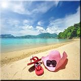 Rikki KnightピンクSunhat flip-flops on sandy beachデザインアートセラミックタイル4 by 4インチ、
