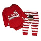 Dovewill 新生児　　1-3歳　　かわいい　赤ちゃん　幼児　私の最初のクリスマススーツ　服　　面白いプリント　全4サイズ - 赤, 90