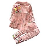LITI 子供服 ベビー服 女の子 トップス+ズボン 2点セット ワンピース 秋冬 花柄 リボン 可愛い 保育園 こどもの日 クリスマス お正月プレゼント (100, ピンク)