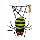 31 " LED照明付きライムグリーンとブラックストライプCreepy Tinsel Hanging Spiderハロウィン装飾