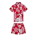 Boy Hawaiian Shirt and Shorts 2 Piece Cabana Set in Red with White Floral 8 Year Old [並行輸入品]