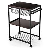 【エセスシリーズ】 キッチンワゴン スチール タオルハンガー付 ストッパー付キャスター 奥行35cm ダークブラウン ブラック