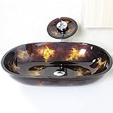 Tophome 洗面台彩色上絵 　洗面ボウルガラス 蛇口セット　手洗い器 手洗器 洗面ボール 手洗い器おしゃれ　強化ガラス製　排水金具付 蛇口付き　楕円形