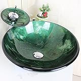 Tophome 洗面台 洗面ボウル 強化ガラス製 洗面鉢彩色上絵 手洗い器　手洗器 洗面ボール ガラス 手洗い器おしゃれ 排水金具付 蛇口付き ダックグリーン 蛇口セット